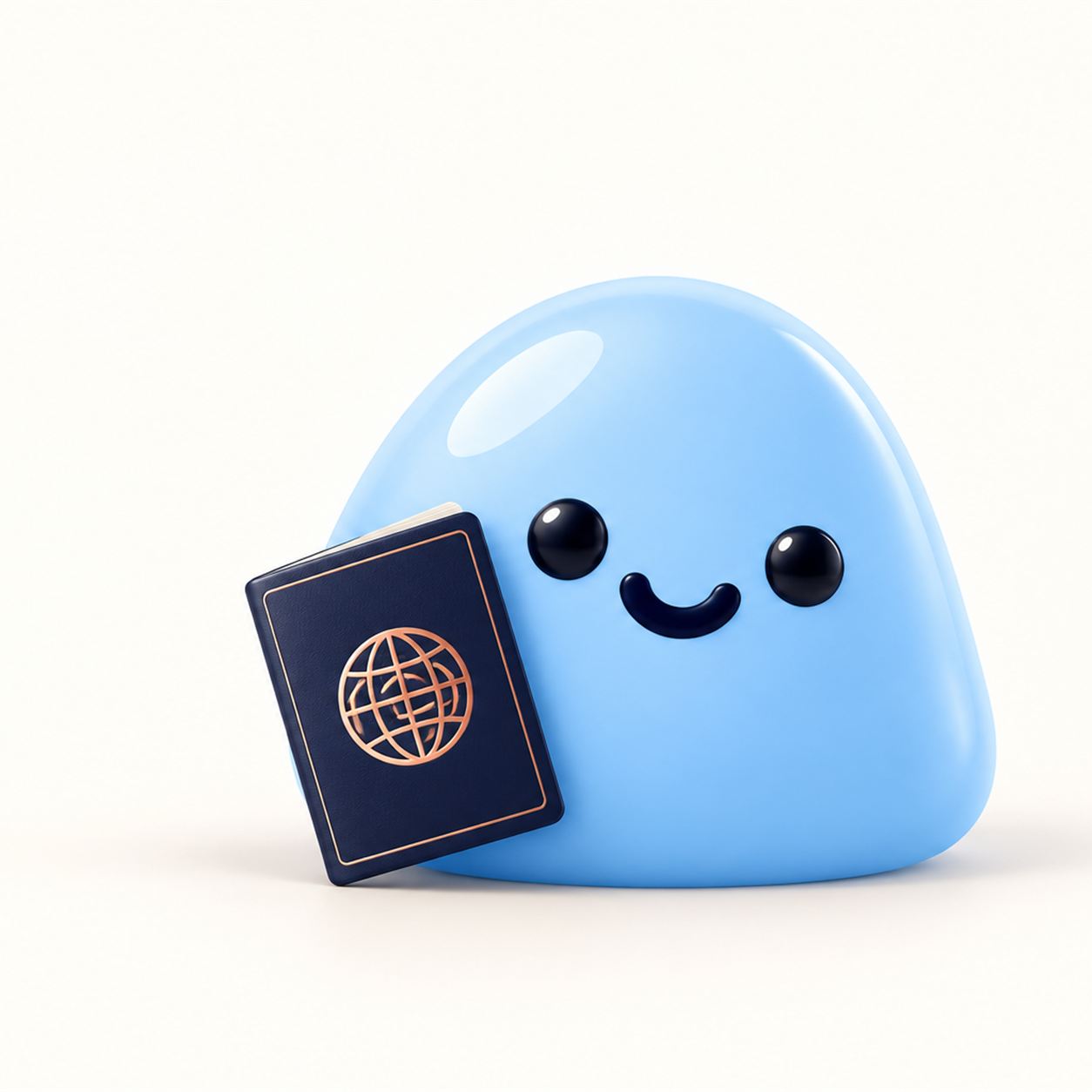 Eine hellblaue, glänzende Figur hält lächelnd einen navyblauen Pass mit kupferfarbenem Globus.