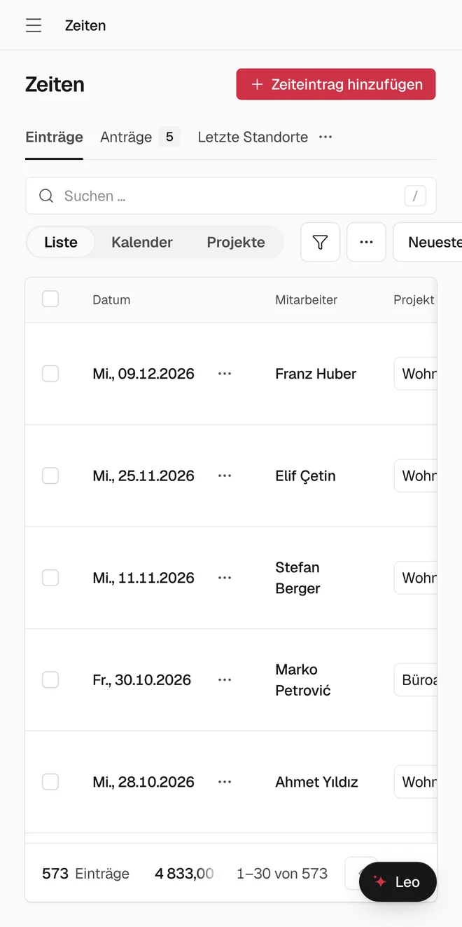 Bauleo no celular: registros de horas da equipe